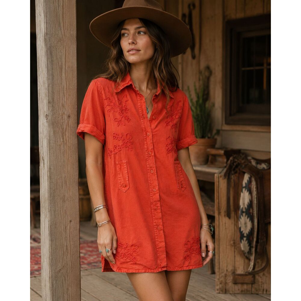 Vintage Scully Orange Button Up Shirt Top Dress  Women's Size Medium